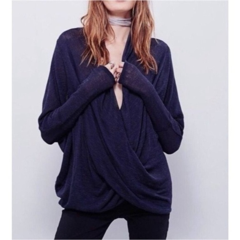 We The Free Shelia Hacci Wrap Sweater Women Extra Small Blue Knit Draped Stretch
